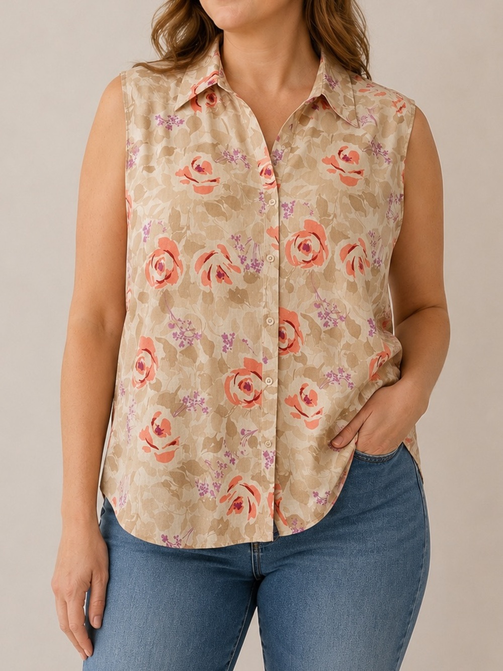 Tres You Linen Rayon Blend Floral Sleeveless Button Front Blouse 26W Cottagecore